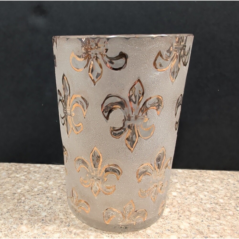 Vintage Gold Fleur De Lis Frosted Glass Barware Tumbler MCM Hollywood Regency